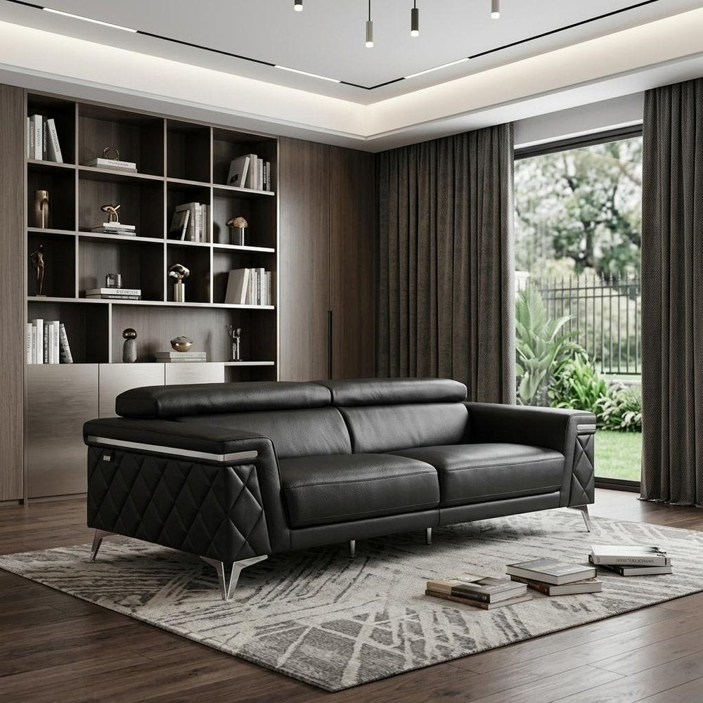 89" Black Italian Leather Sofa With Silver Legs