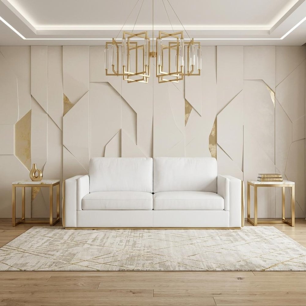 89" White Italian Leather Sofa With Brass Legs