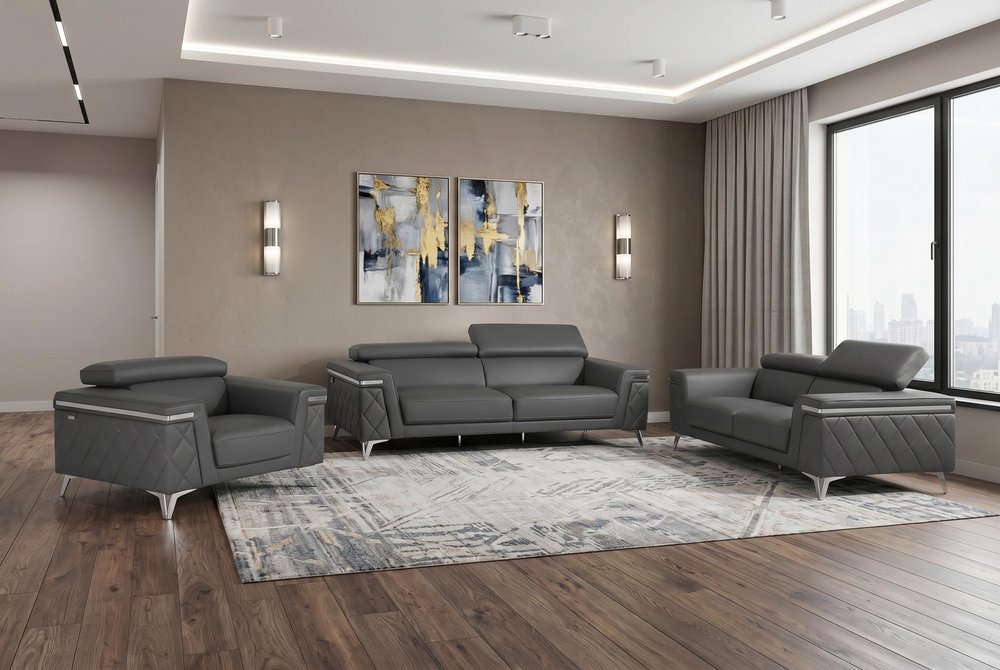 Three Piece Gray Top Grain Leather Five Person Seating Set