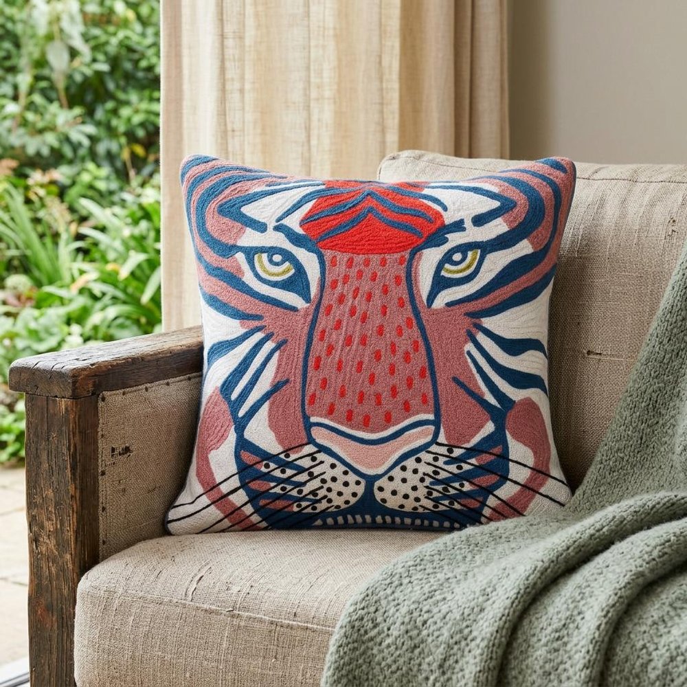 20" Blue and Red Cheetah Throw Pillow with Embroidery