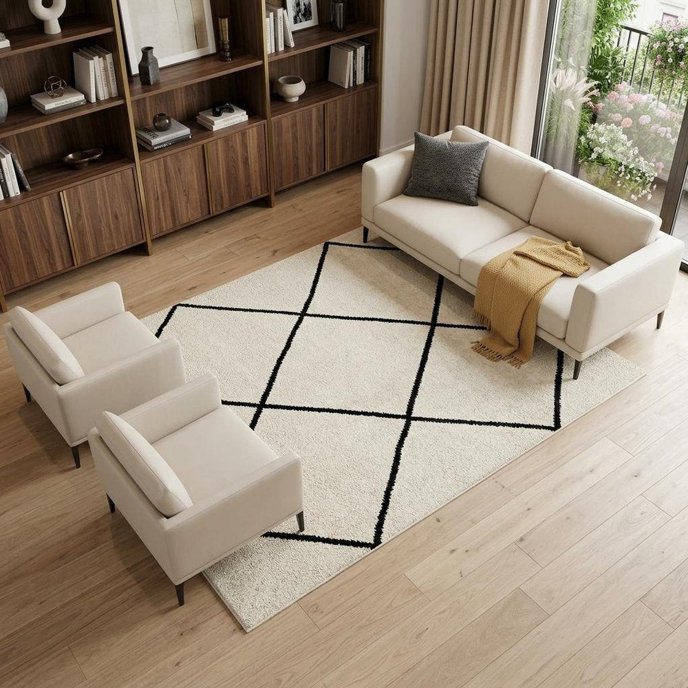 8' X 11' Beige and Black Geometric Power Loom Distressed Non Skid Area Rug