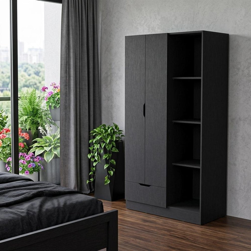 71" Black Wood Two Door Single Drawer Combo Dresser