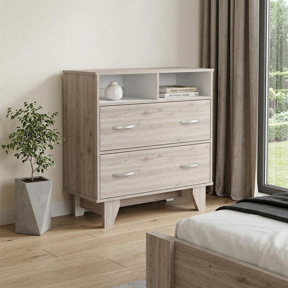32" Oak Wood Two Drawer Dresser
