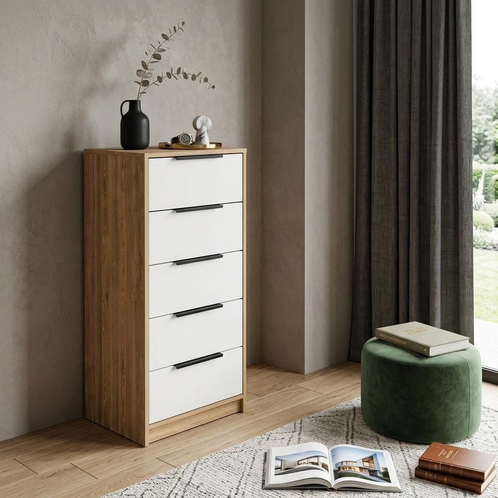 18" White And Natural Wood And Metal Five Drawer Dresser