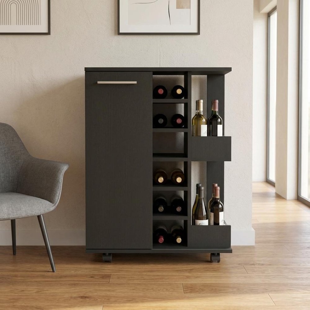 Black Rolling Bar Cart With Wine Storage