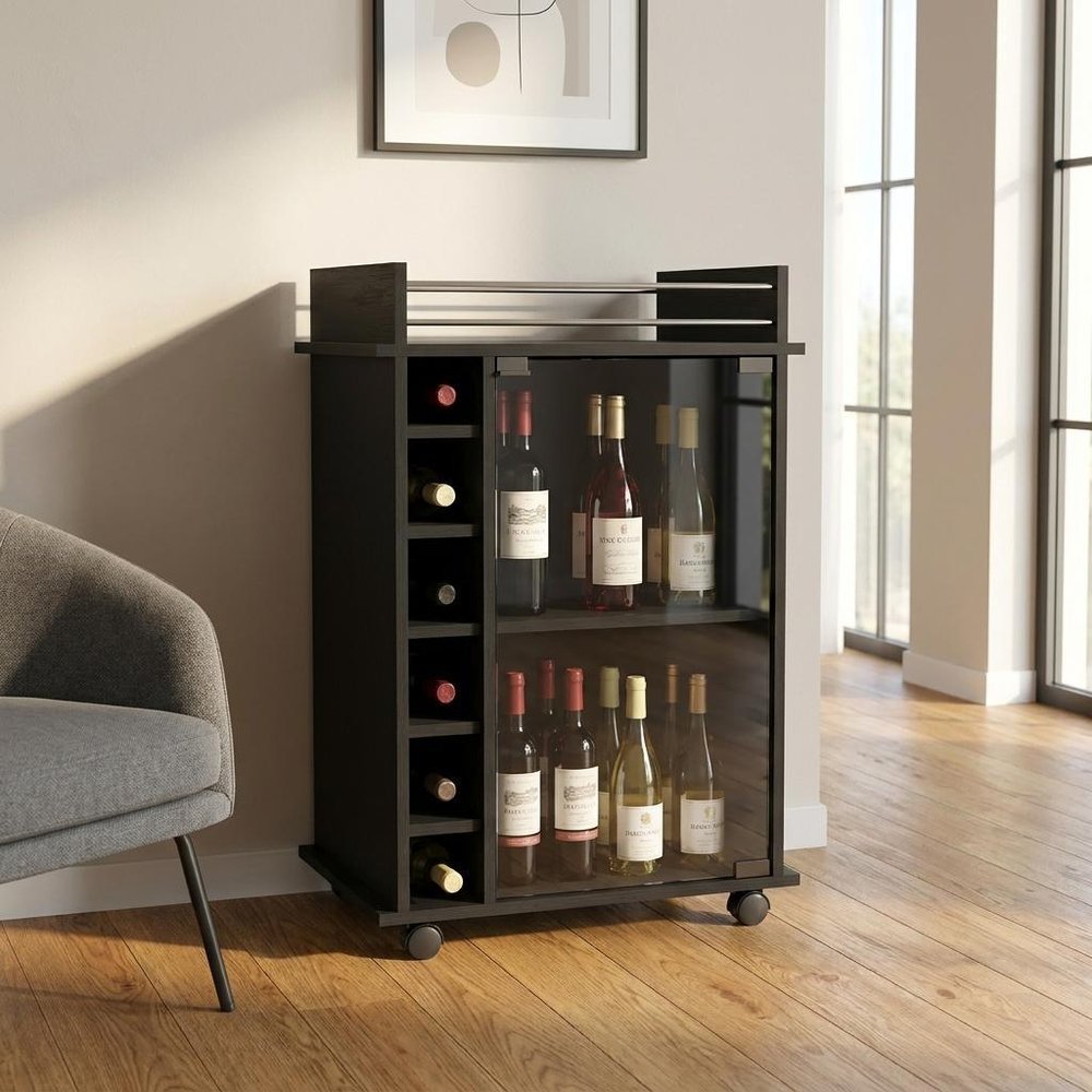 Black Rolling Bar Cart With Wine Storage
