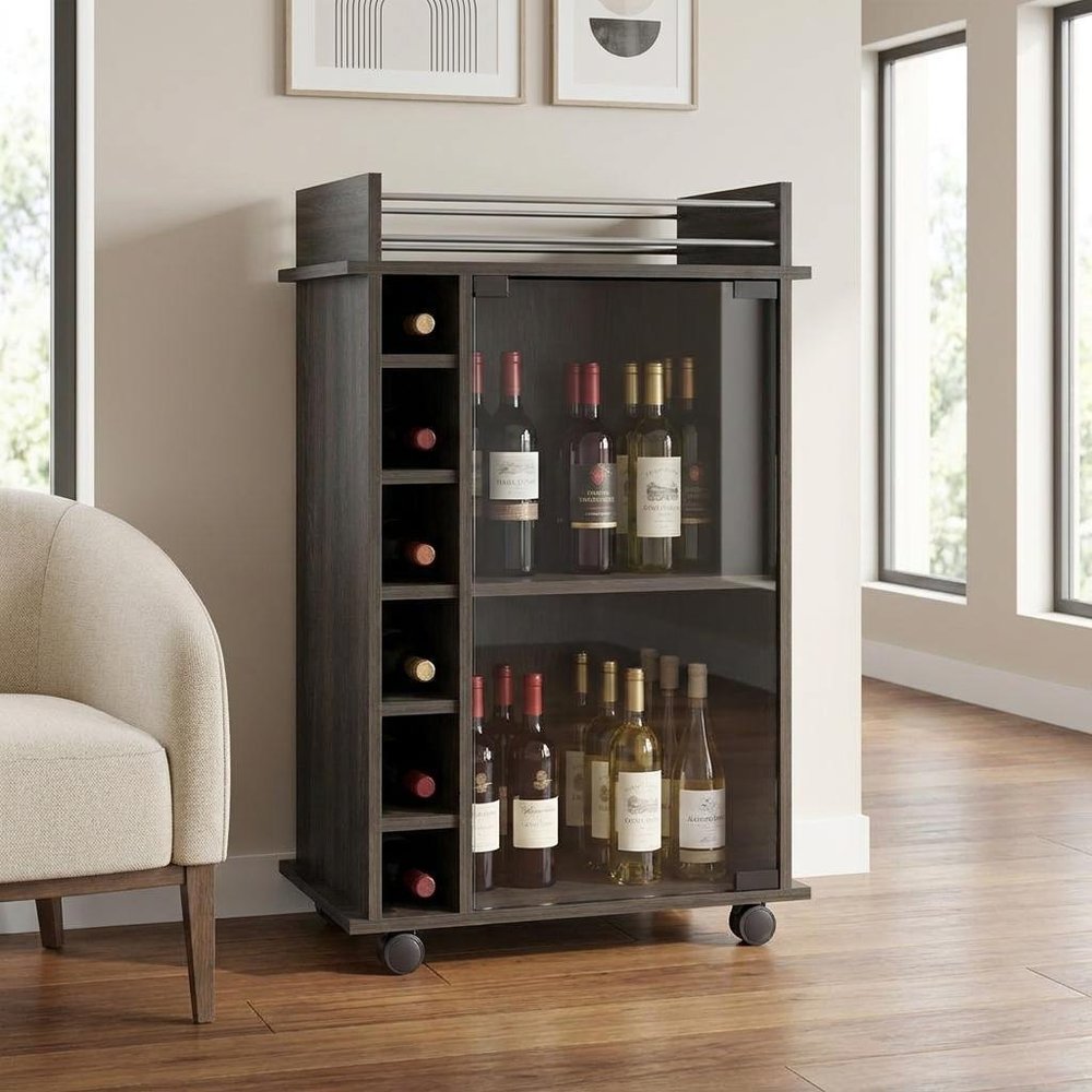 Espresso Rolling Bar Cart With Wine Storage
