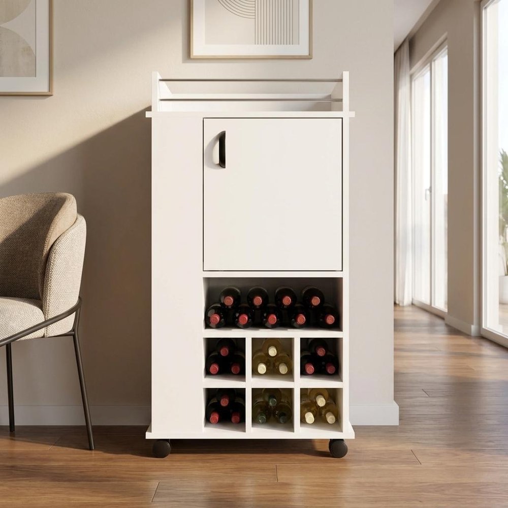 White Rolling Bar Cart With Wine Storage
