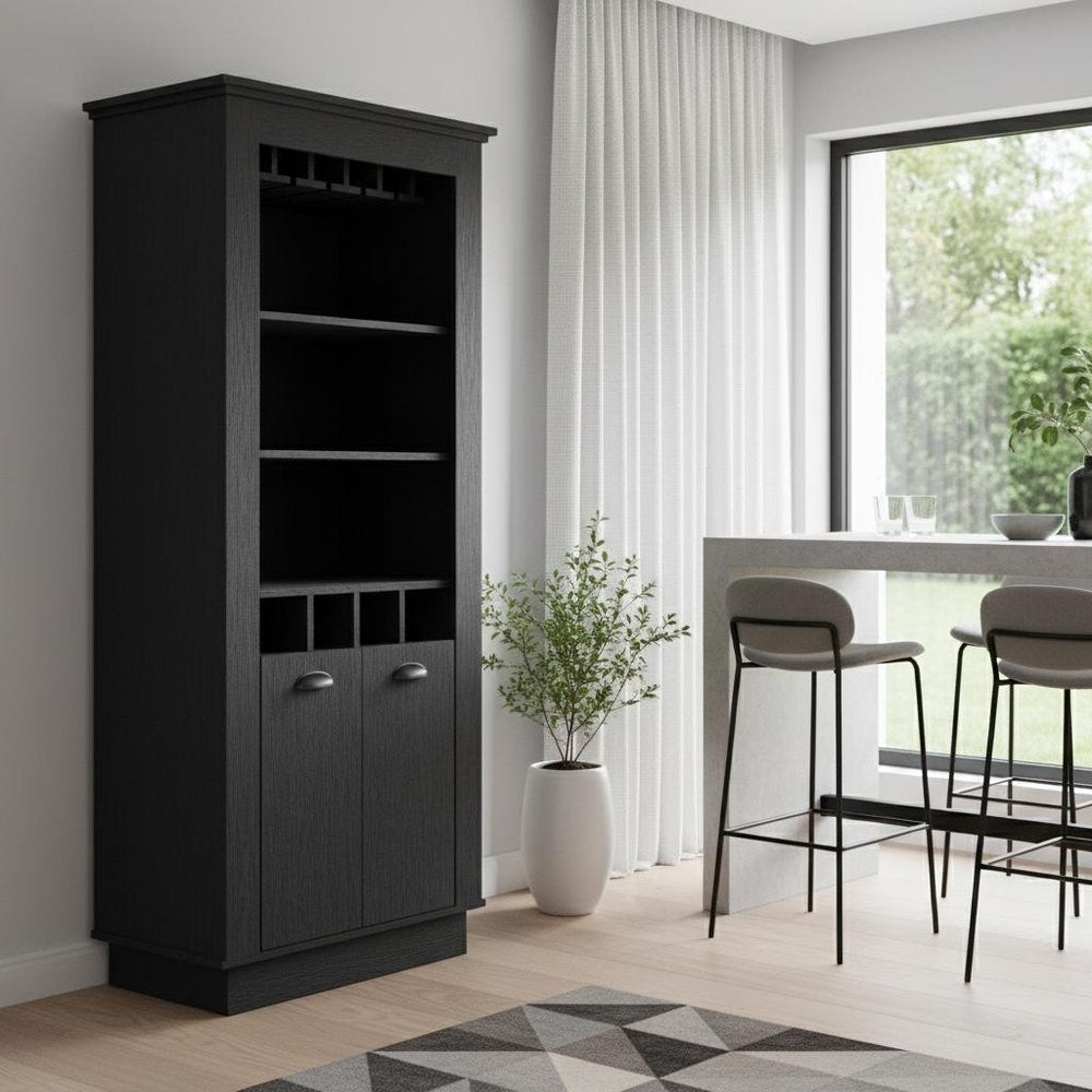 70" Black Bar Cabinet With Wine Storage