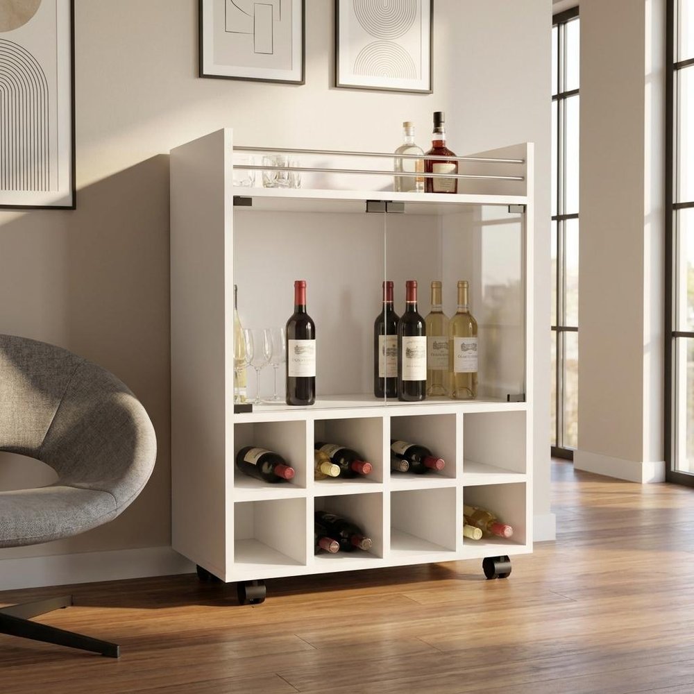 White Rolling Bar Cart With Wine Storage