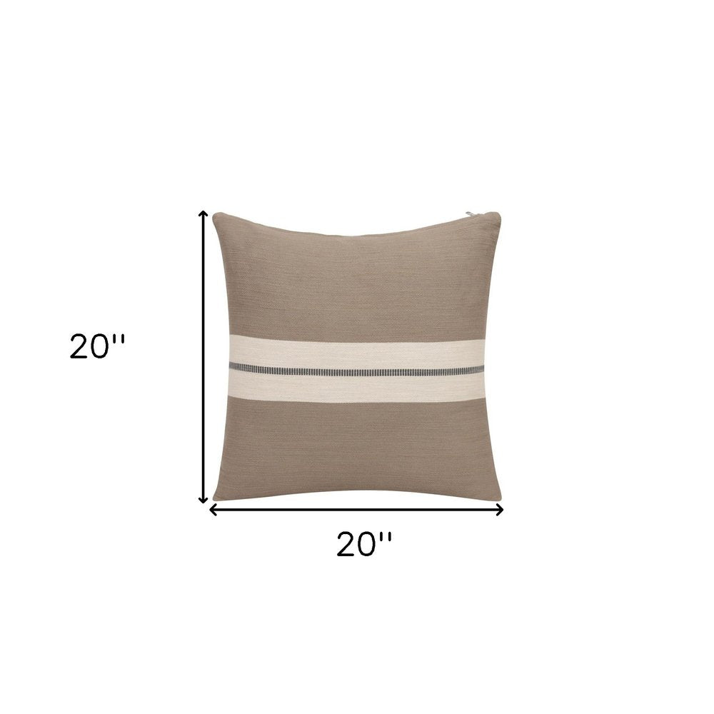 24" Taupe And Dark Gray Cotton Striped Throw Pillow