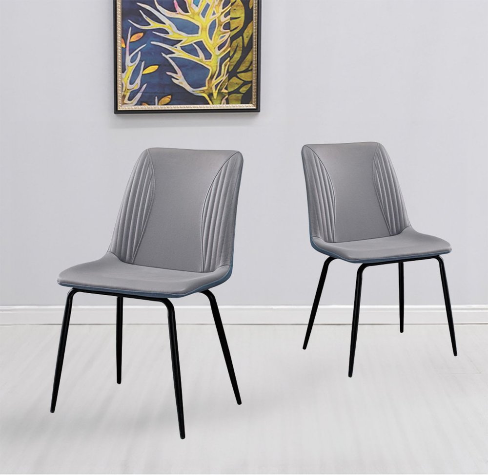 Set of Two Gray and Black Upholstered Faux Leather Dining Side Chairs