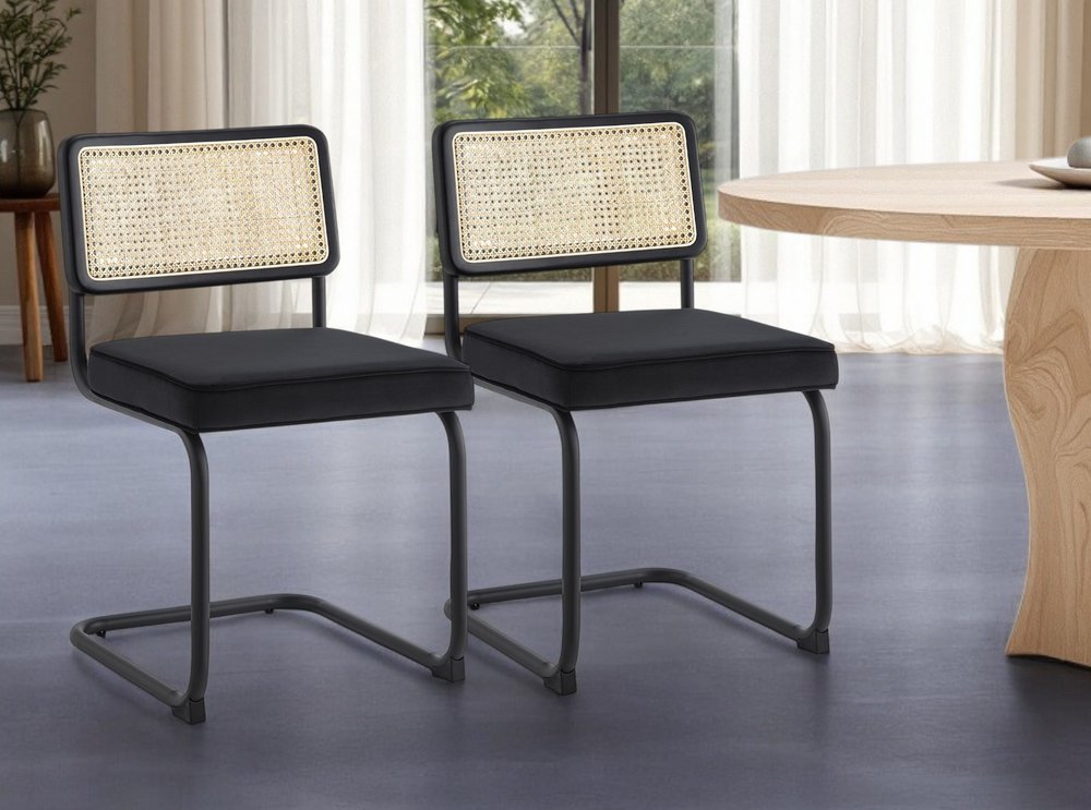Set of Two Navy Blue and Silver Upholstered Velvet Dining Side Chairs
