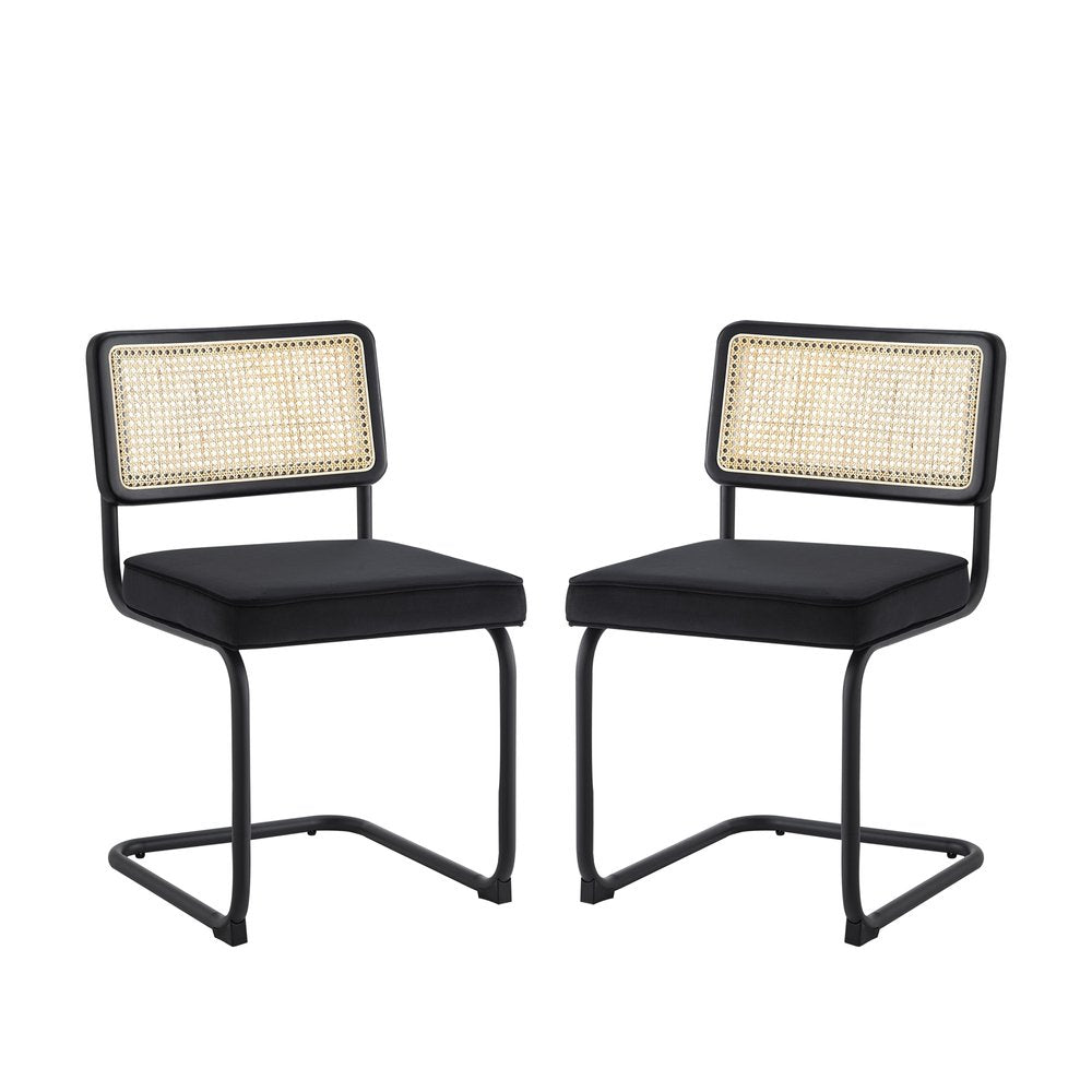 Set of Two Navy Blue and Silver Upholstered Velvet Dining Side Chairs
