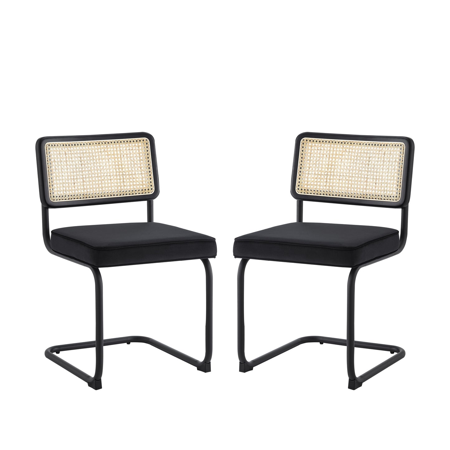 Set of Two Navy Blue and Silver Upholstered Velvet Dining Side Chairs
