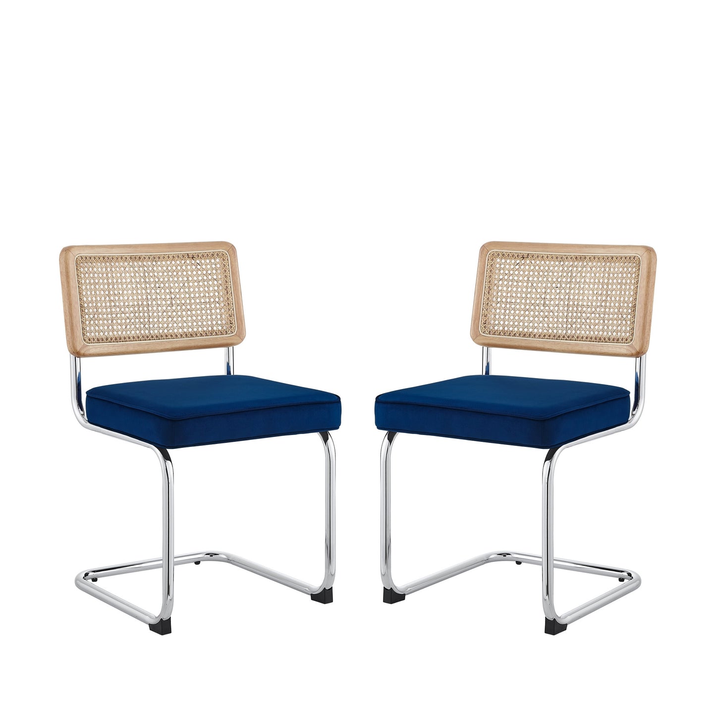 Set of Two Navy Blue and Silver Upholstered Velvet Dining Side Chairs