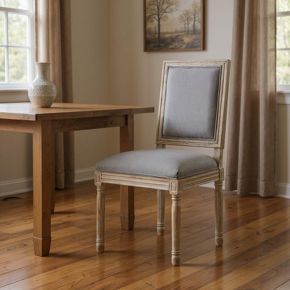 Set of Two Beige and Brown Upholstered Linen Dining Side Chairs