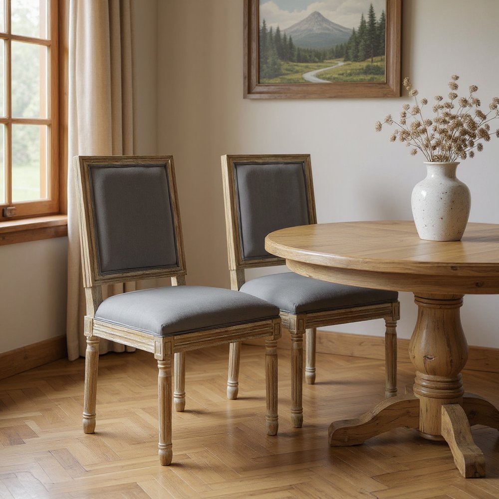 Set of Two Beige and Brown Upholstered Linen Dining Side Chairs