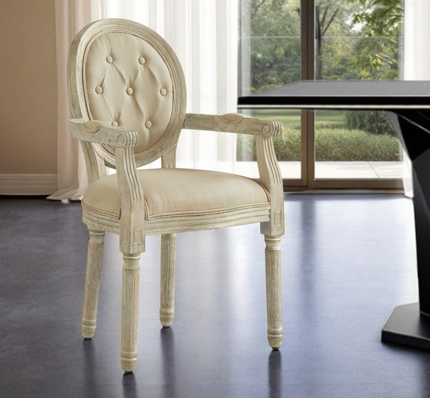 Tufted Cream and Brown Upholstered Linen Dining Arm Chair