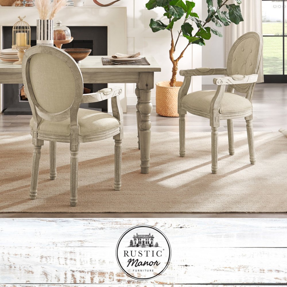 Tufted Cream and Brown Upholstered Linen Dining Arm Chair