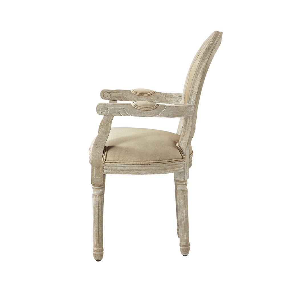 Tufted Cream and Brown Upholstered Linen Dining Arm Chair