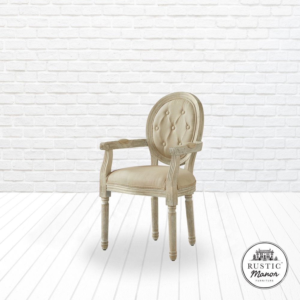 Tufted Cream and Brown Upholstered Linen Dining Arm Chair
