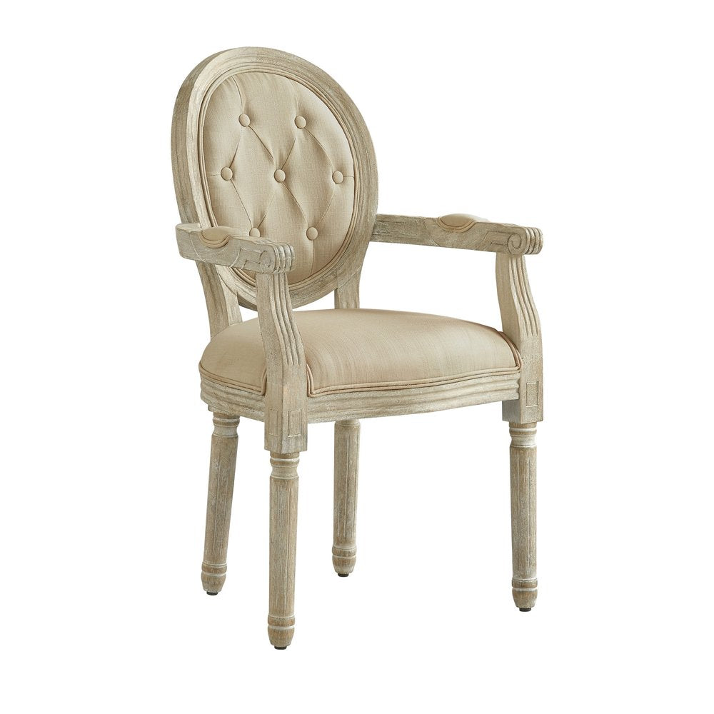 Tufted Cream and Brown Upholstered Linen Dining Arm Chair