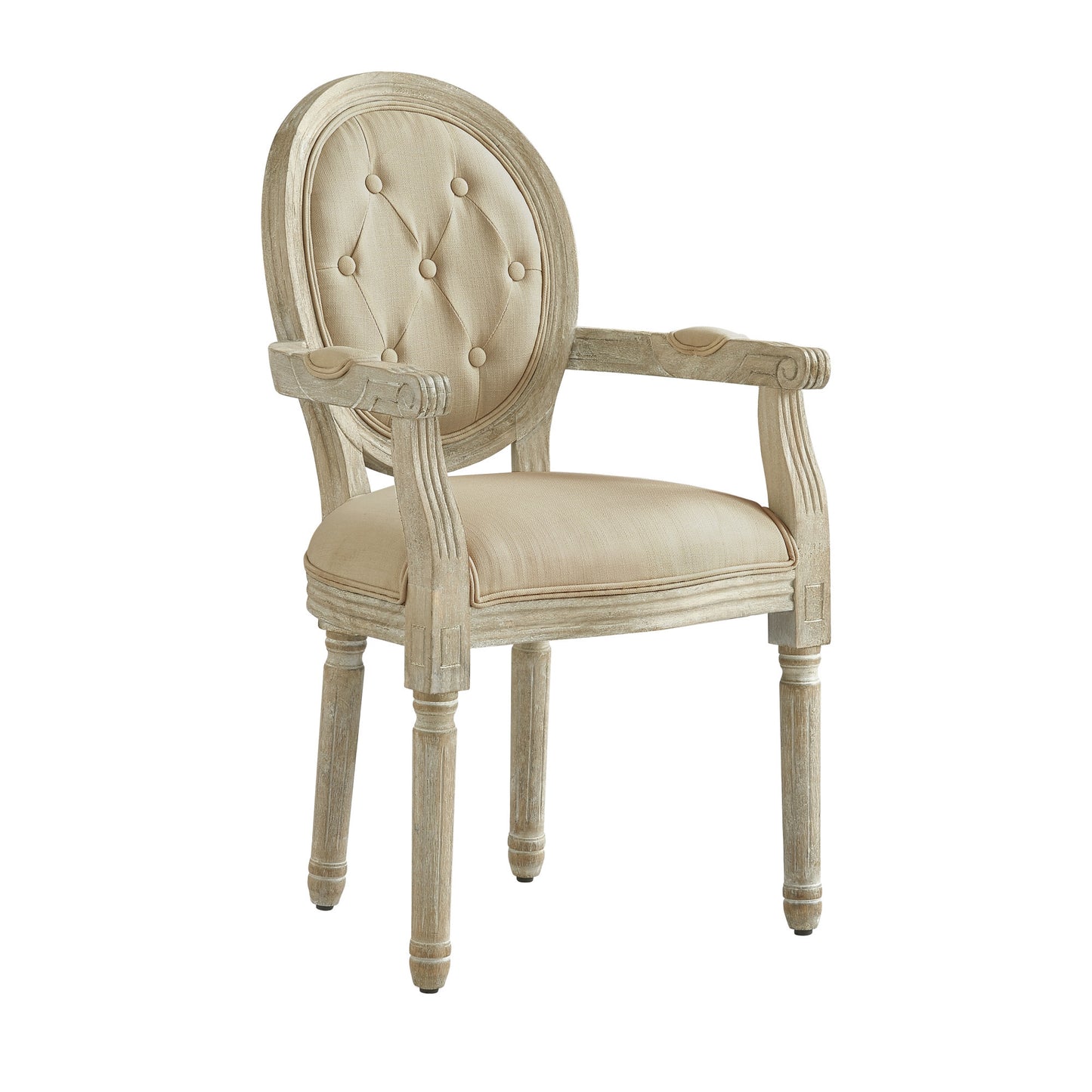 Tufted Cream and Brown Upholstered Linen Dining Arm Chair