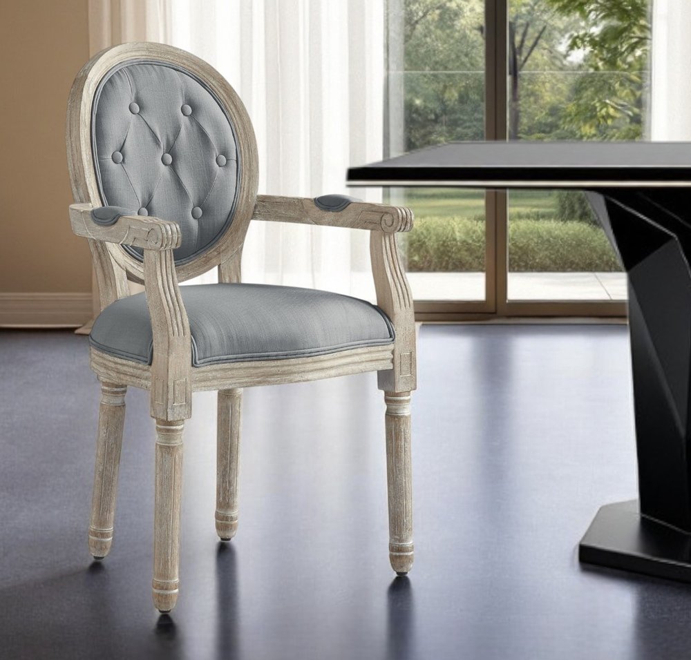 Tufted Cream and Brown Upholstered Linen Dining Arm Chair