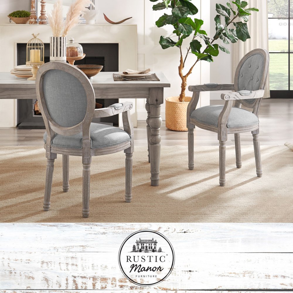 Tufted Cream and Brown Upholstered Linen Dining Arm Chair