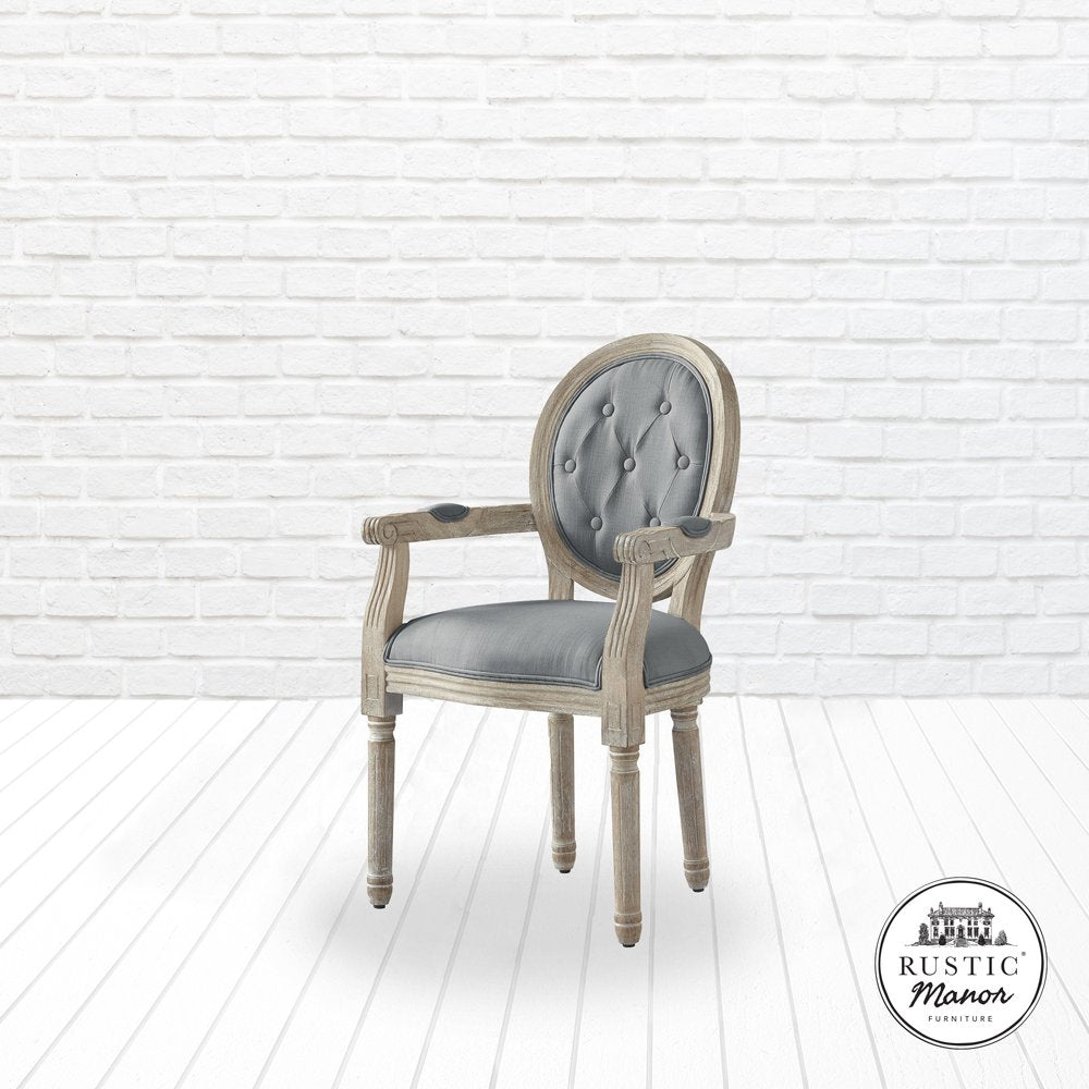 Tufted Cream and Brown Upholstered Linen Dining Arm Chair