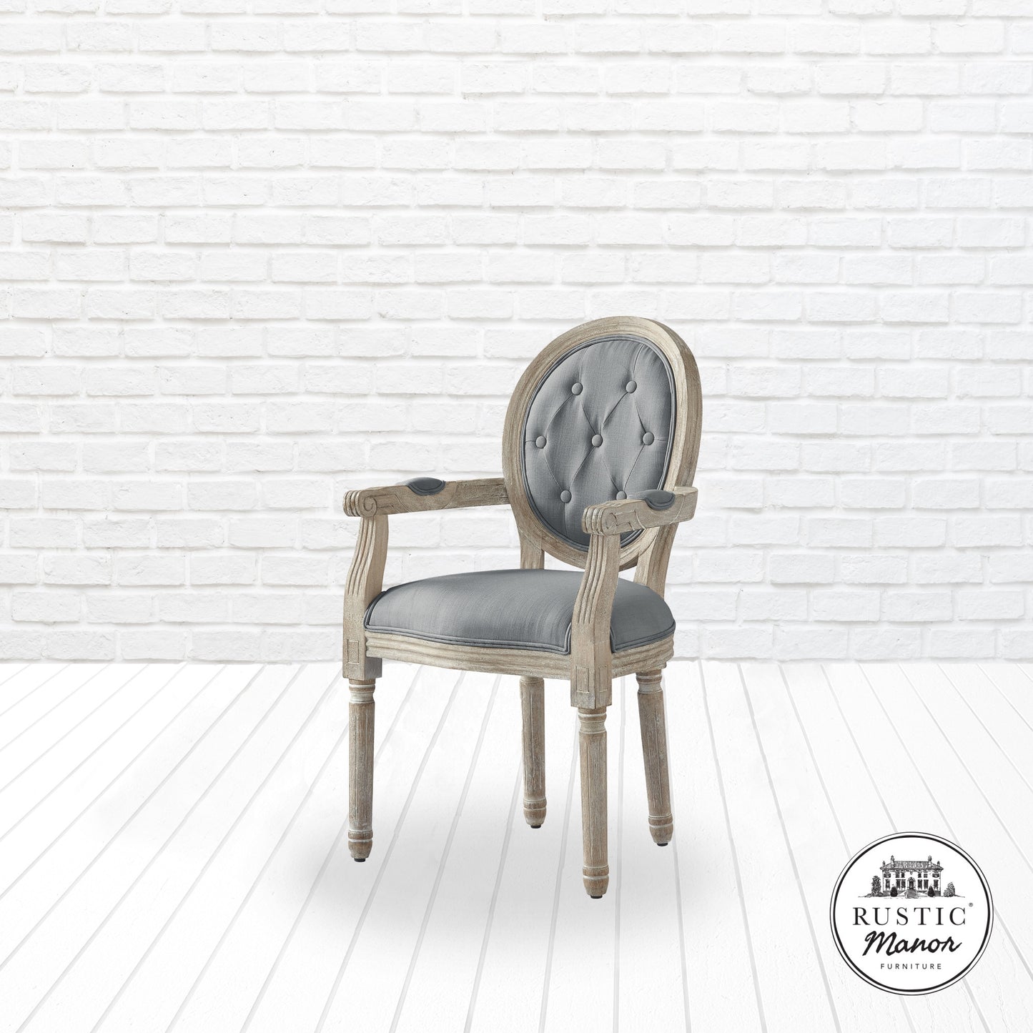 Tufted Cream and Brown Upholstered Linen Dining Arm Chair