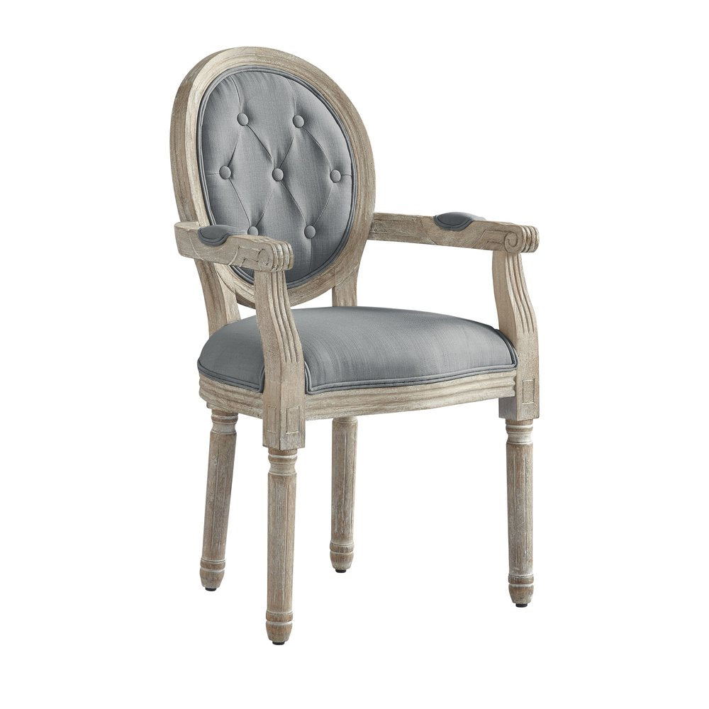 Tufted Cream and Brown Upholstered Linen Dining Arm Chair