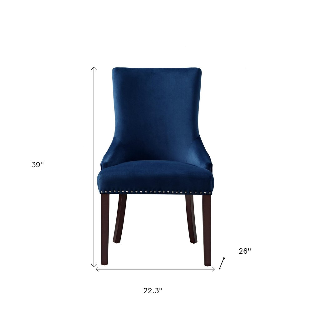 Set of Two Tufted Navy Blue and Espresso Upholstered Velvet Dining Side Chairs