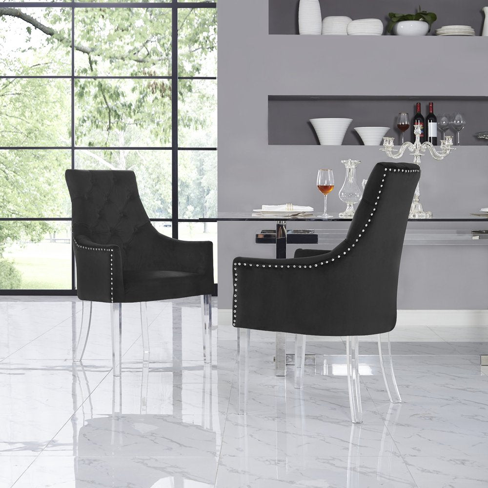Set of Two Tufted Black and Clear Upholstered Velvet Dining Arm Chairs