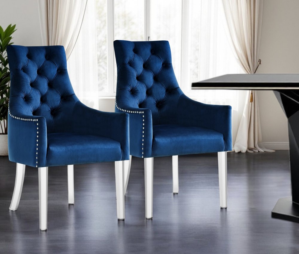 Set of Two Tufted Navy Blue and Clear Upholstered Velvet Dining Arm Chairs