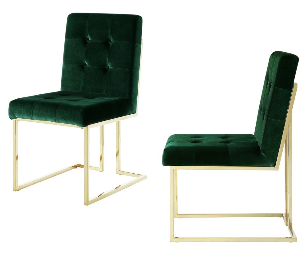 Set of Two Tufted Hunter Green and Gold Upholstered Velvet Dining Side Chairs