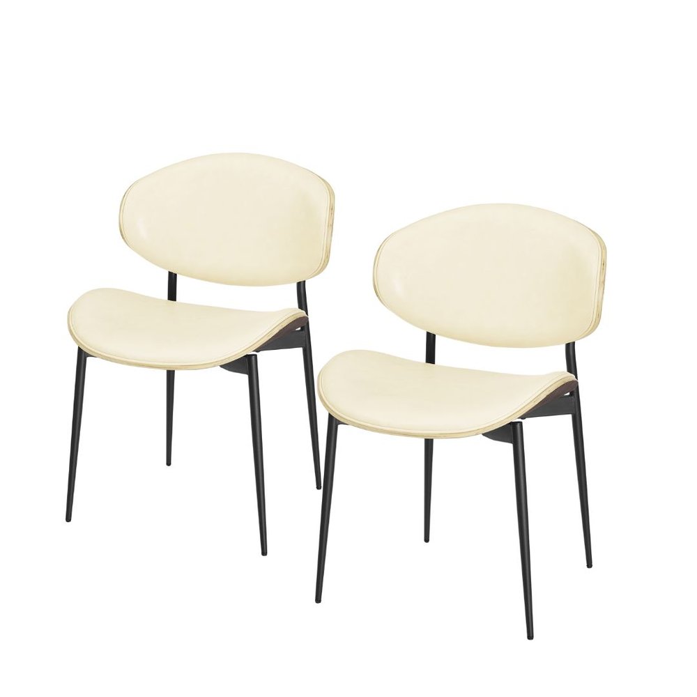 Set of Two Off White and Black Upholstered Faux Leather Curved Back Dining Side Chairs