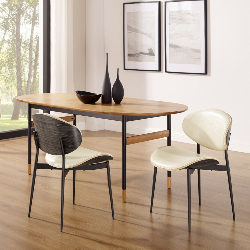 Set of Two Off White and Black Upholstered Faux Leather Curved Back Dining Side Chairs