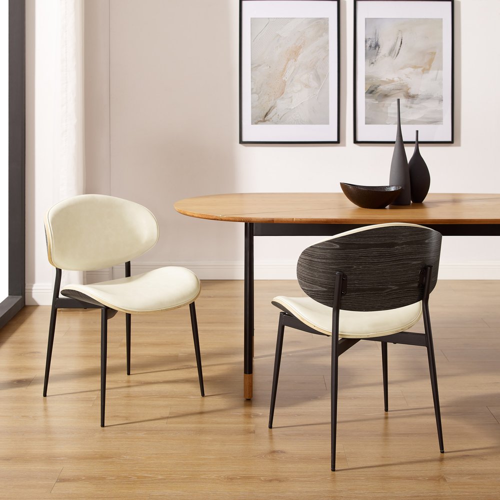 Set of Two Off White and Black Upholstered Faux Leather Curved Back Dining Side Chairs