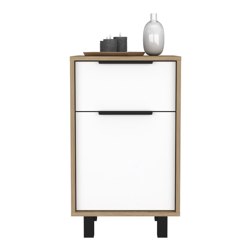 28" White And Natural Wood One Drawer Nightstand