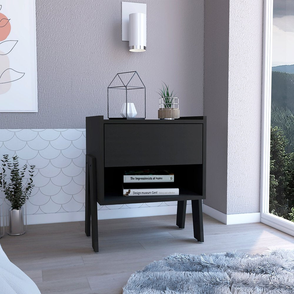 22" Black Wood One Drawer Nightstand