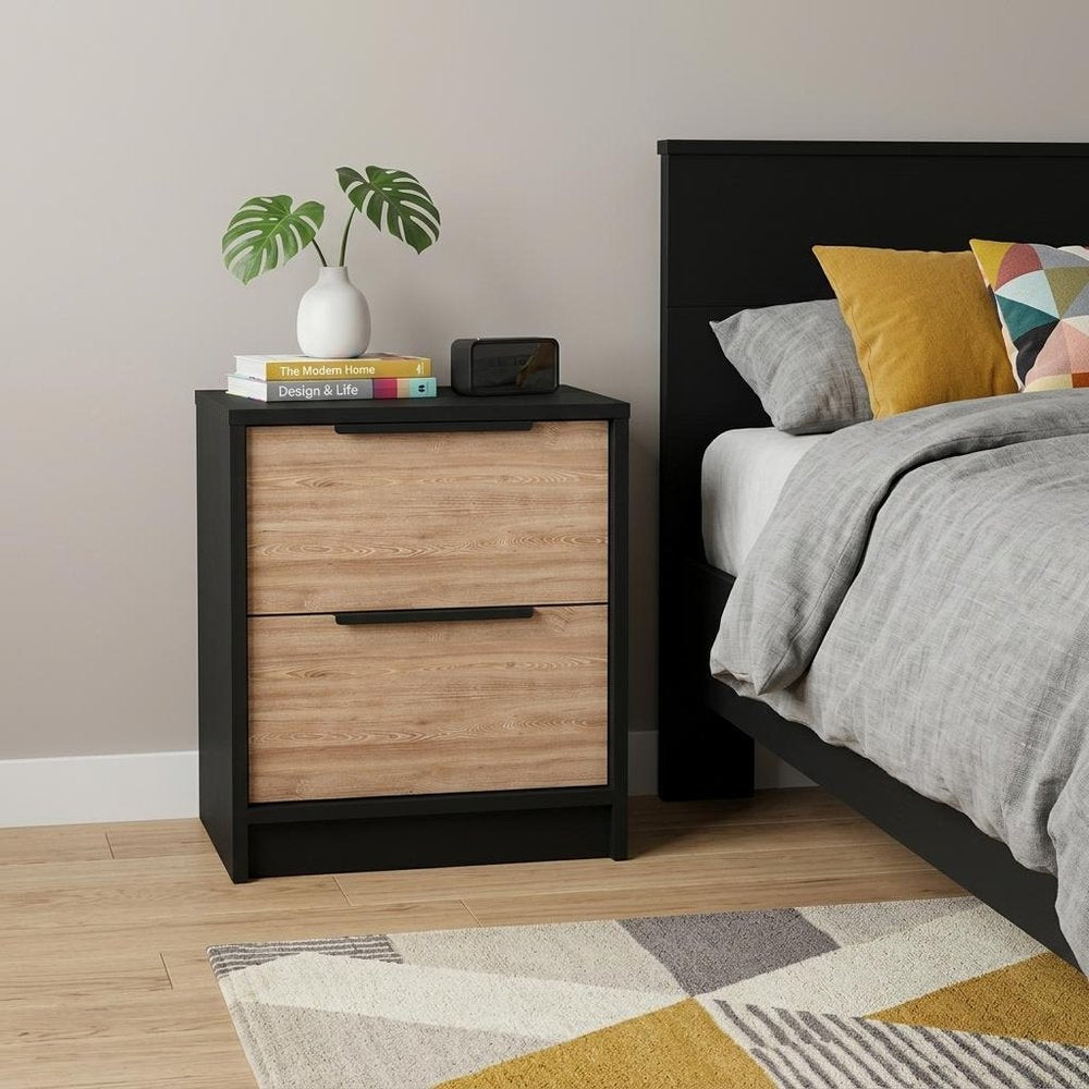19" Black Wood Two Drawer Nightstand