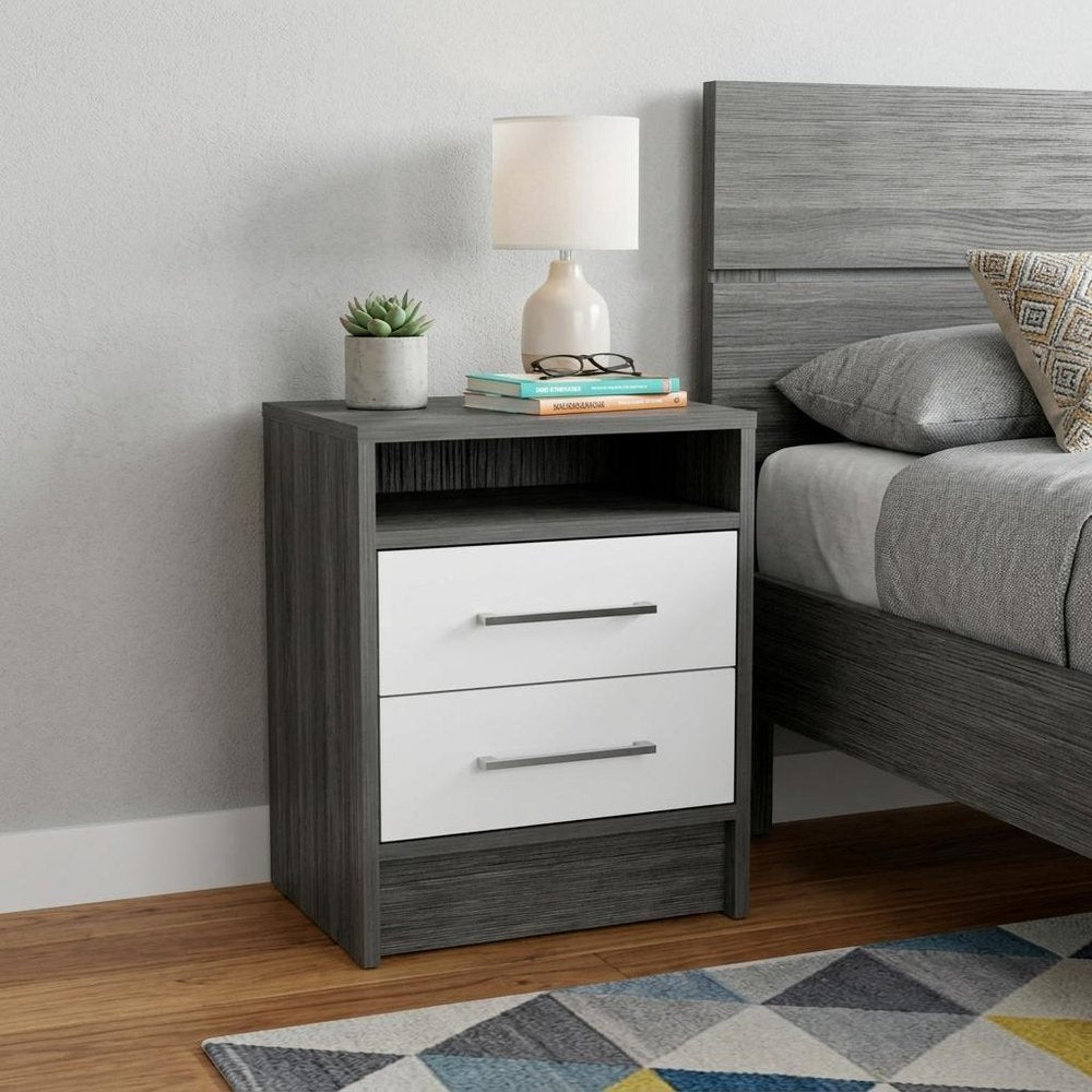 20" Gray Wood Two Drawer Nightstand