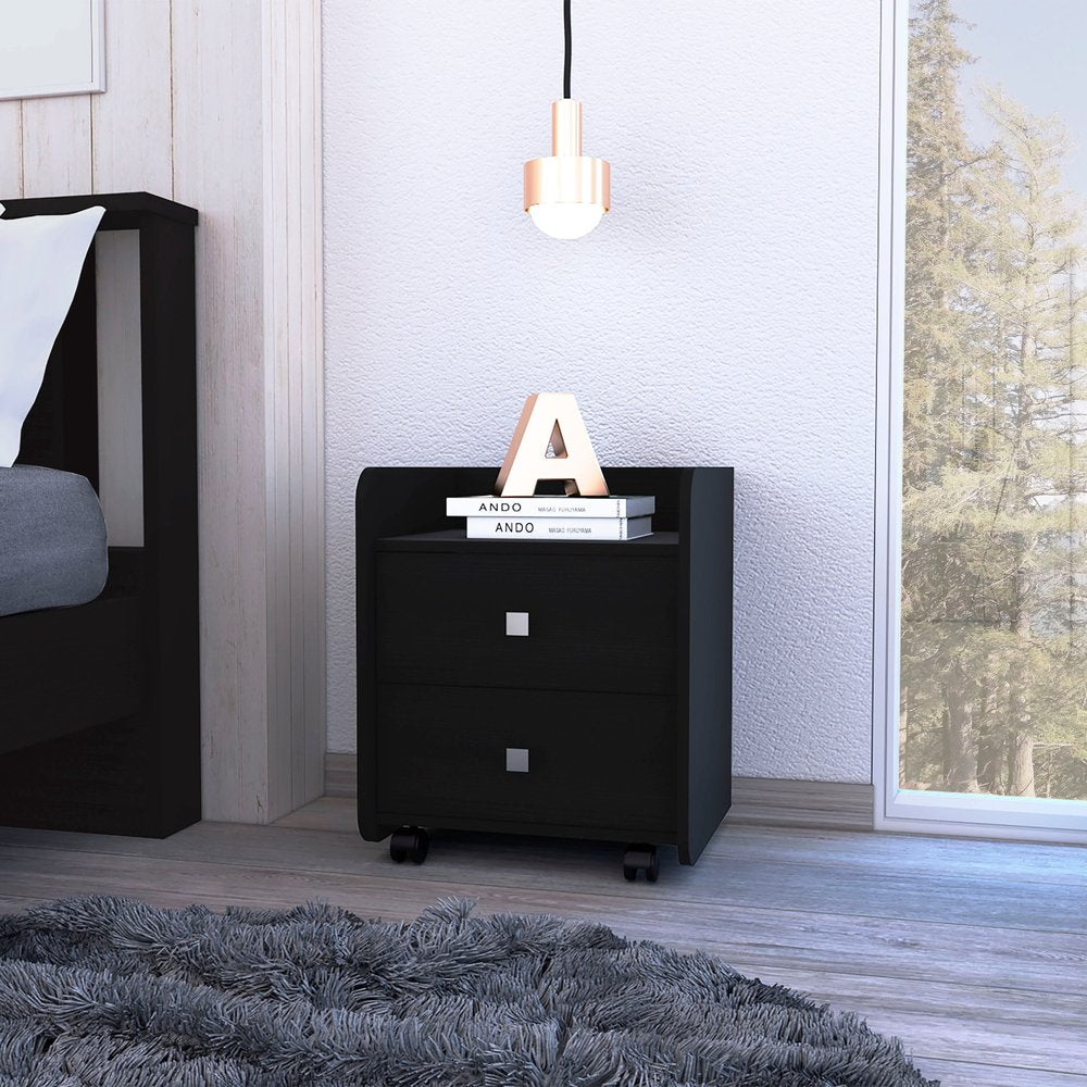 22" Black Wood Two Drawer Nightstand