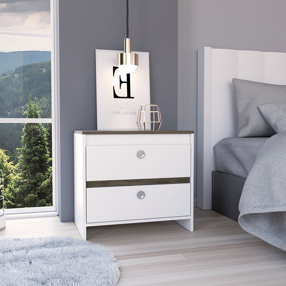 22" White Wood Two Drawer Nightstand
