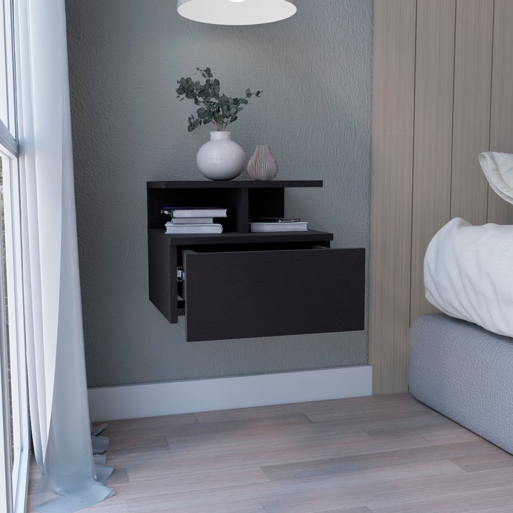 12" Black Wood One Drawer Floating Nightstand