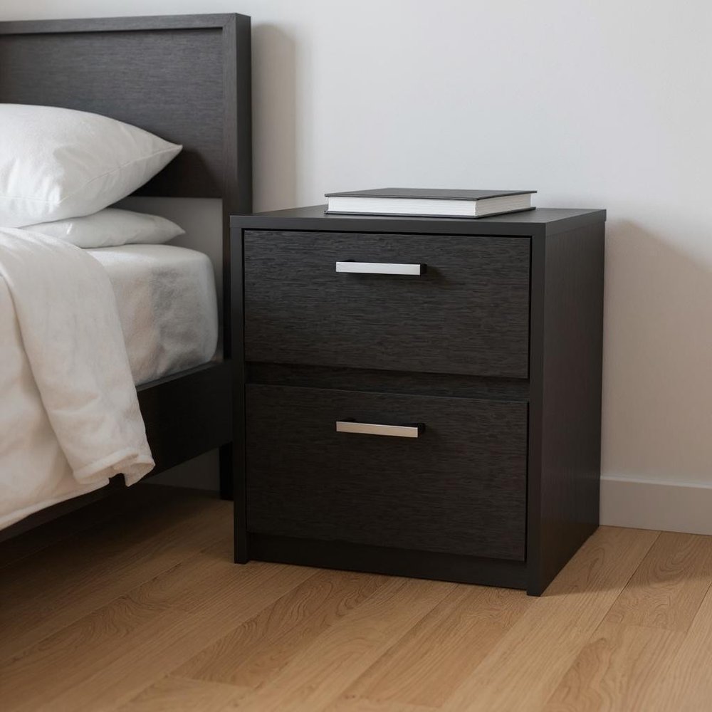 19" Black Wood Two Drawer Nightstand