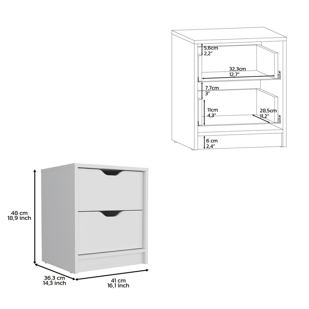 19" White Wood Two Drawer Nightstand