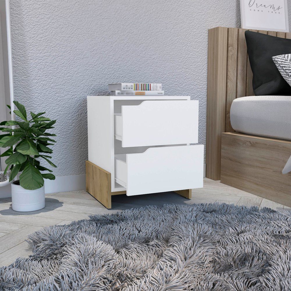 20" White And Natural Wood Two Drawer Nightstand